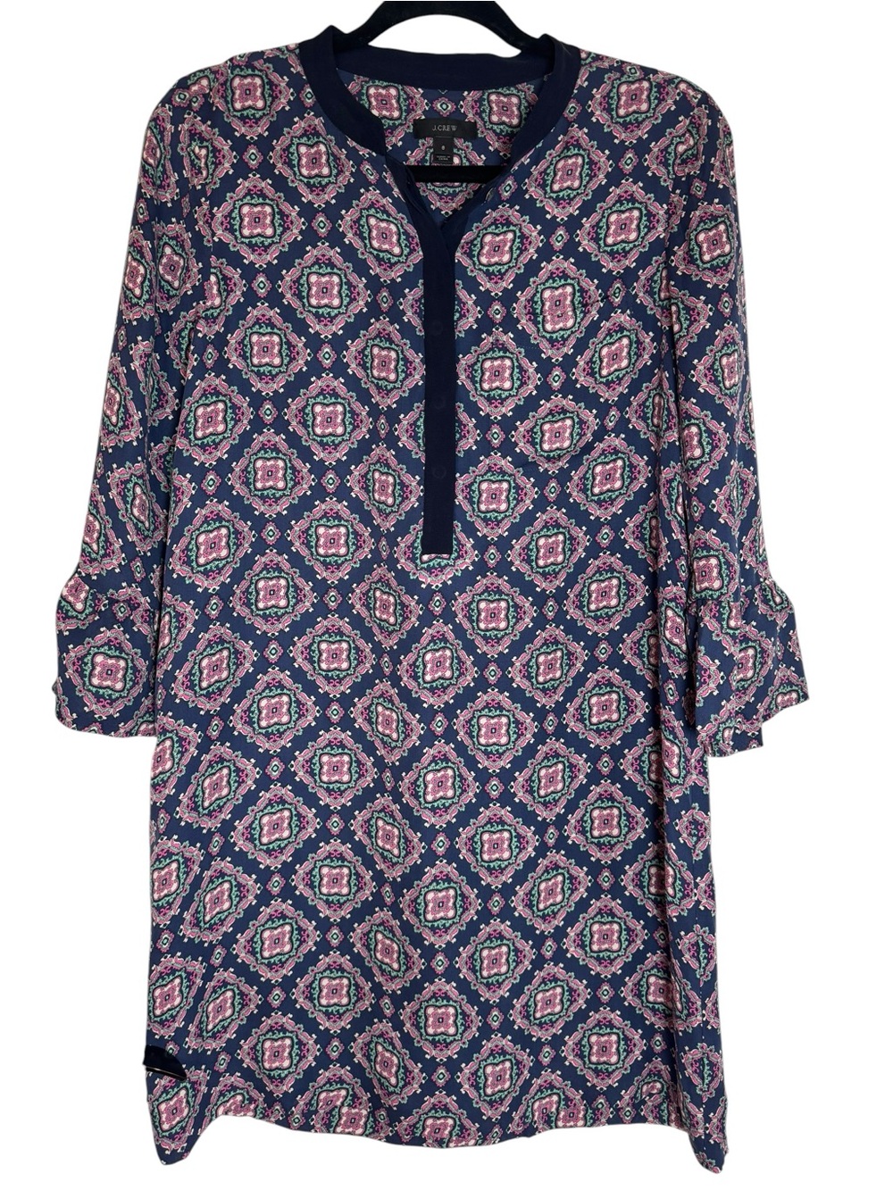 J. Crew 100% Silk Navy with Pink Geometric Print Shift Mini Dress Size 8